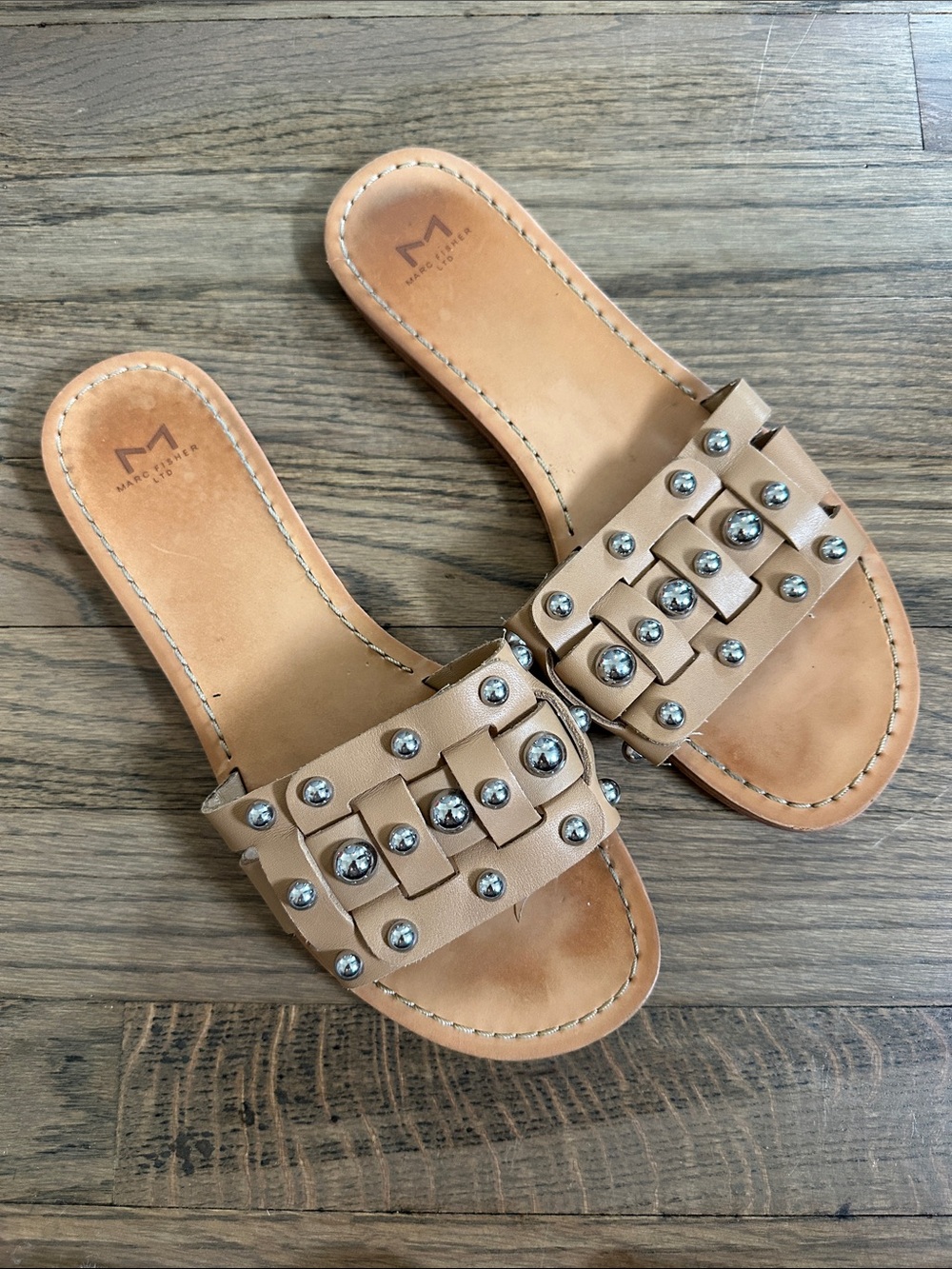 Marc Fisher Tan Studded Woven Slide Sandals
